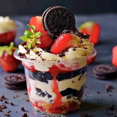 Delicious Strawberry Oreo Cup dessert topped with fresh strawberries and Oreo crumbles.