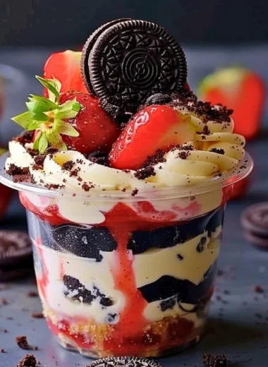 Delicious Strawberry Oreo Cup dessert topped with fresh strawberries and Oreo crumbles.