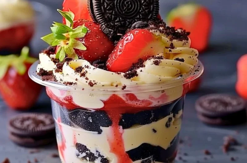 Delicious Strawberry Oreo Cup dessert topped with fresh strawberries and Oreo crumbles.