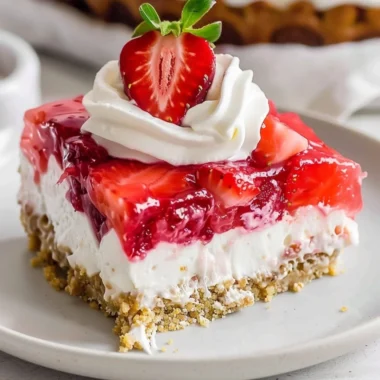 Delicious Strawberry Pretzel Salad with pretzel crust and creamy layers