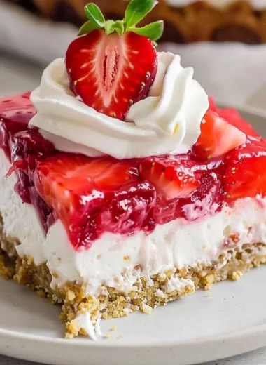 Delicious Strawberry Pretzel Salad with pretzel crust and creamy layers
