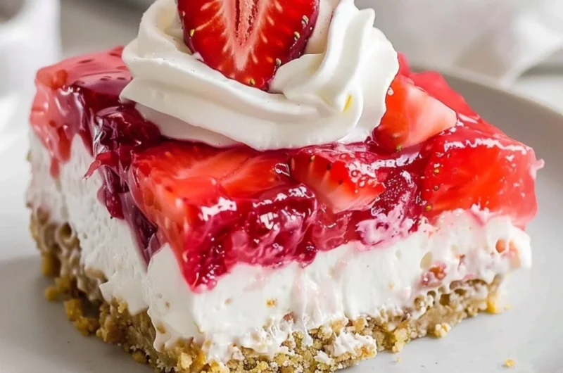 Delicious Strawberry Pretzel Salad with pretzel crust and creamy layers