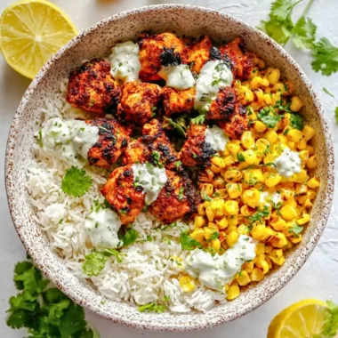 Delicious Street Corn Chicken Rice Bowl topped with fresh ingredients