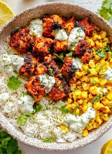 Delicious Street Corn Chicken Rice Bowl topped with fresh ingredients