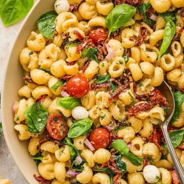 Delicious Sun Dried Tomato Pasta Salad with colorful vegetables and herbs