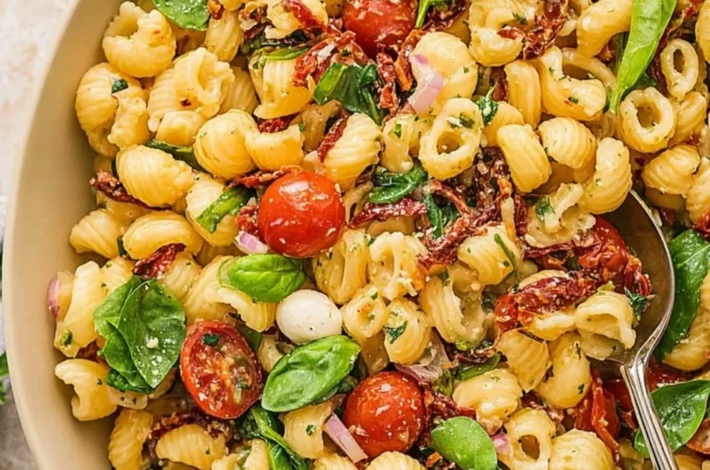 Delicious Sun Dried Tomato Pasta Salad with colorful vegetables and herbs