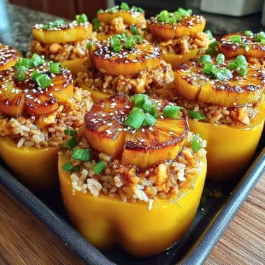 Teriyaki Pineapple Chicken and Rice Stuffed Peppers on a plate