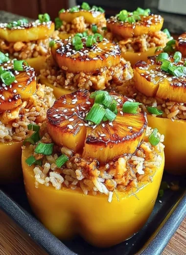 Teriyaki Pineapple Chicken and Rice Stuffed Peppers on a plate