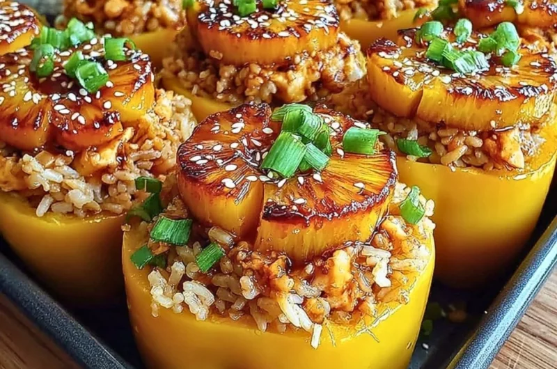 Teriyaki Pineapple Chicken and Rice Stuffed Peppers on a plate