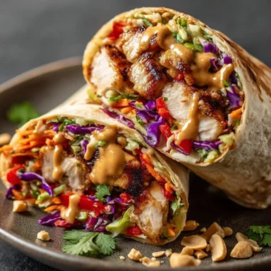 Delicious Thai chicken wrap served with crunchy Asian slaw on a plate.