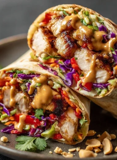 Delicious Thai chicken wrap served with crunchy Asian slaw on a plate.