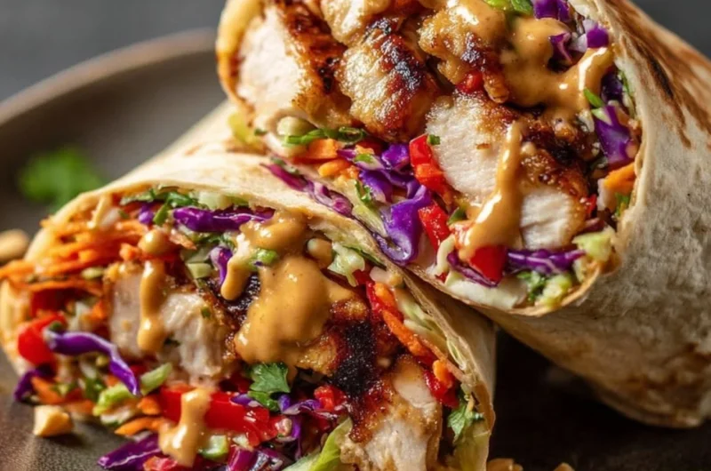 Delicious Thai chicken wrap served with crunchy Asian slaw on a plate.