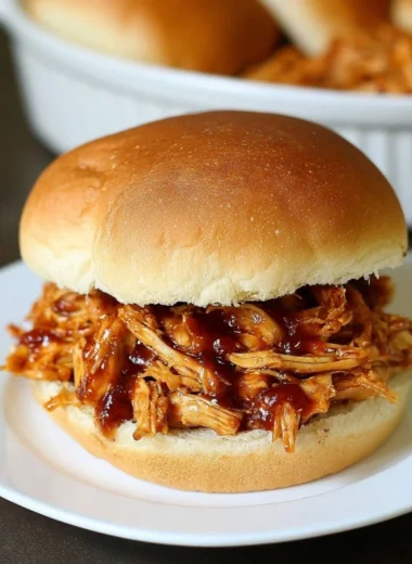 Delicious pulled BBQ chicken made in a Crockpot with a savory sauce.