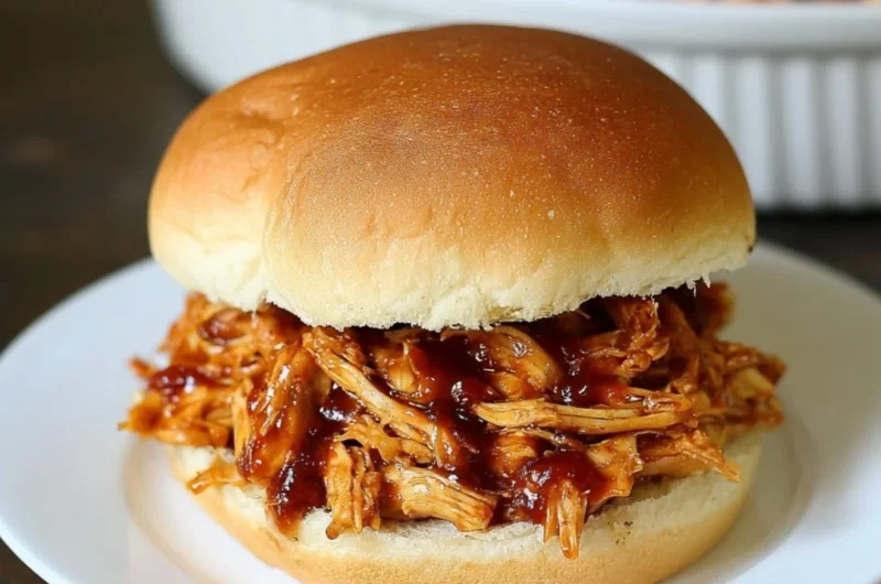 Delicious pulled BBQ chicken made in a Crockpot with a savory sauce.