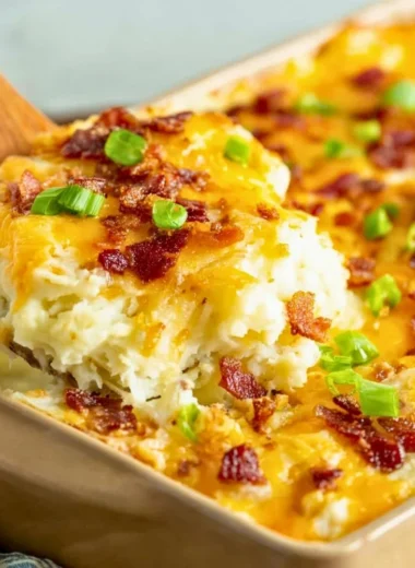 Delicious twice baked potato casserole topped with cheese and green onions.
