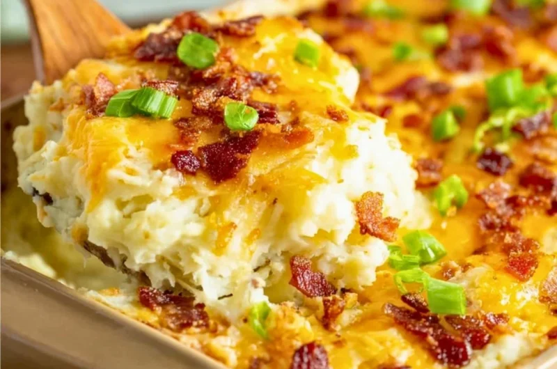 Delicious twice baked potato casserole topped with cheese and green onions.