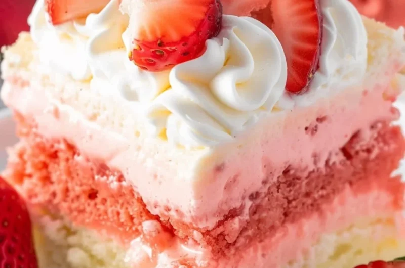 Slice of Strawberry Cheesecake Poke Cake on a plate with fresh strawberries.