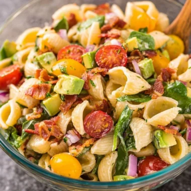 Delicious Avocado BLT Pasta Salad with bacon and fresh ingredients