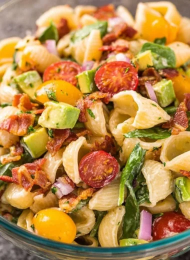 Delicious Avocado BLT Pasta Salad with bacon and fresh ingredients