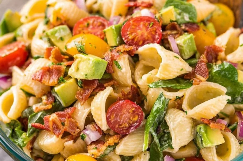 Delicious Avocado BLT Pasta Salad with bacon and fresh ingredients