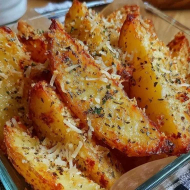 Baked garlic parmesan potato wedges served on a plate