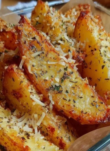 Baked garlic parmesan potato wedges served on a plate