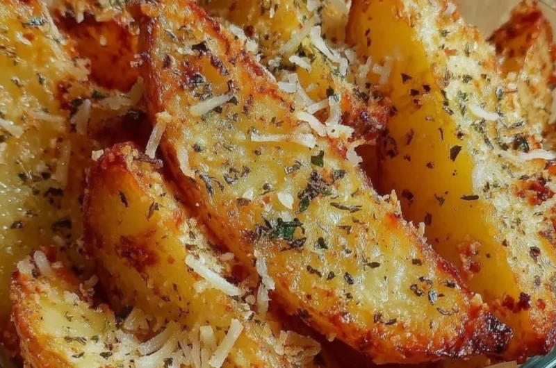 Baked garlic parmesan potato wedges served on a plate