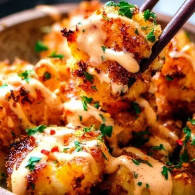 Plate of Bang Bang Shrimp drizzled with spicy sauce and garnished with green onions