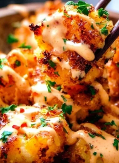 Plate of Bang Bang Shrimp drizzled with spicy sauce and garnished with green onions