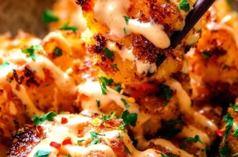 Plate of Bang Bang Shrimp drizzled with spicy sauce and garnished with green onions