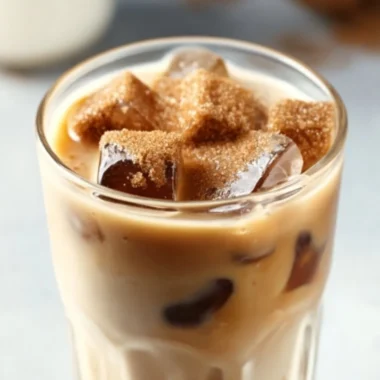 Brown Sugar Vanilla Iced Coffee in a glass with ice and coffee beans