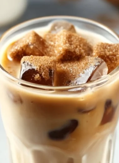 Brown Sugar Vanilla Iced Coffee in a glass with ice and coffee beans