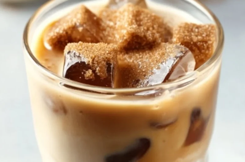 Brown Sugar Vanilla Iced Coffee in a glass with ice and coffee beans