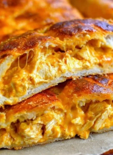 Buffalo Chicken Garbage Bread with melted cheese and spicy sauce
