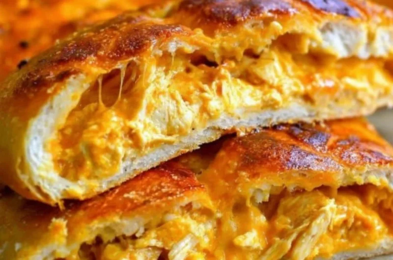 Buffalo Chicken Garbage Bread with melted cheese and spicy sauce