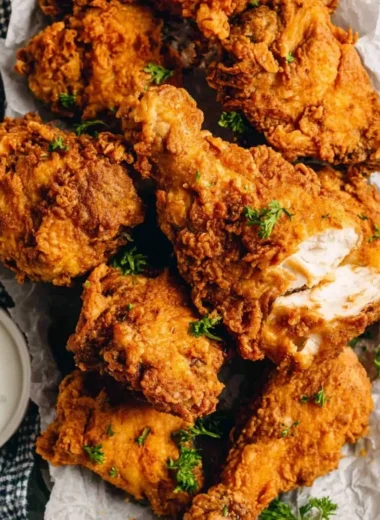 Plate of crispy buttermilk fried chicken served with sides