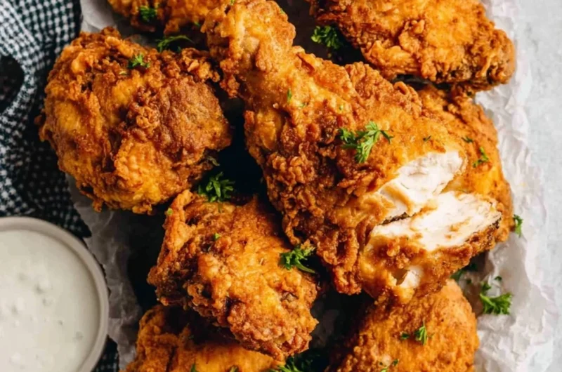 Plate of crispy buttermilk fried chicken served with sides