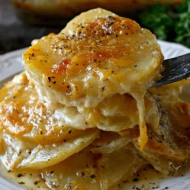Delicious Cheesy Garlic Scalloped Potatoes served in a baking dish