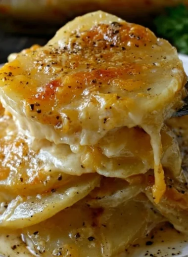 Delicious Cheesy Garlic Scalloped Potatoes served in a baking dish