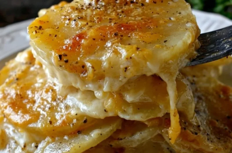 Delicious Cheesy Garlic Scalloped Potatoes served in a baking dish