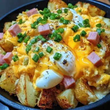 Cheesy potato egg scramble served on a plate with fresh herbs