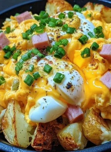 Cheesy potato egg scramble served on a plate with fresh herbs