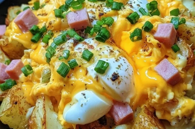 Cheesy potato egg scramble served on a plate with fresh herbs