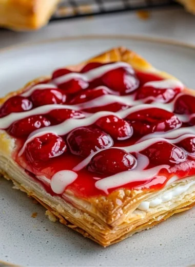 Freshly baked Cherry Danish pastry with cherry filling and icing glaze.