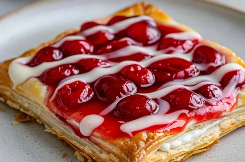 Freshly baked Cherry Danish pastry with cherry filling and icing glaze.