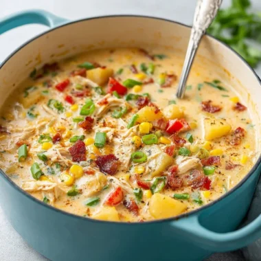 Bowl of hearty chicken corn chowder topped with fresh herbs