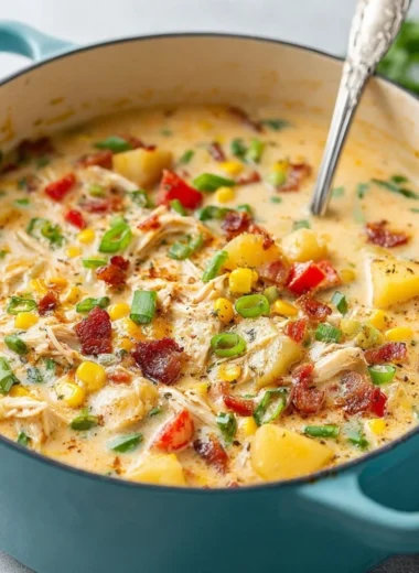 Bowl of hearty chicken corn chowder topped with fresh herbs