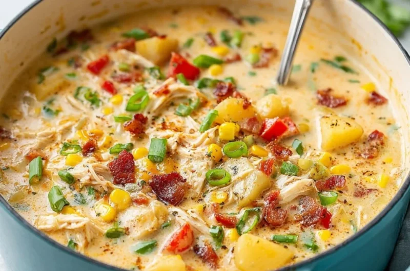 Bowl of hearty chicken corn chowder topped with fresh herbs
