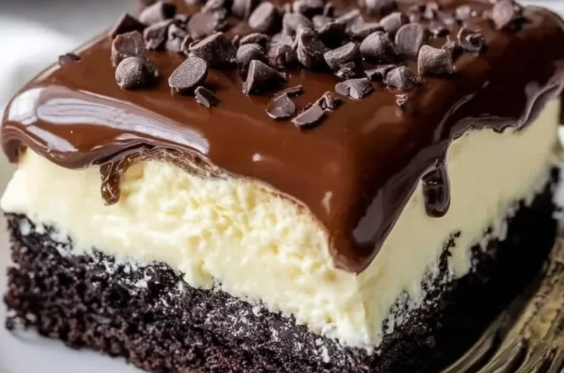 Delicious Chocolate Ooey Gooey Cake topped with chocolate drizzle