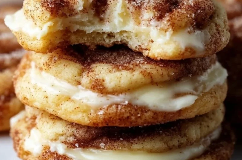 Cinnamon Roll Cheesecake Cookies arranged on a plate, drizzled with icing.